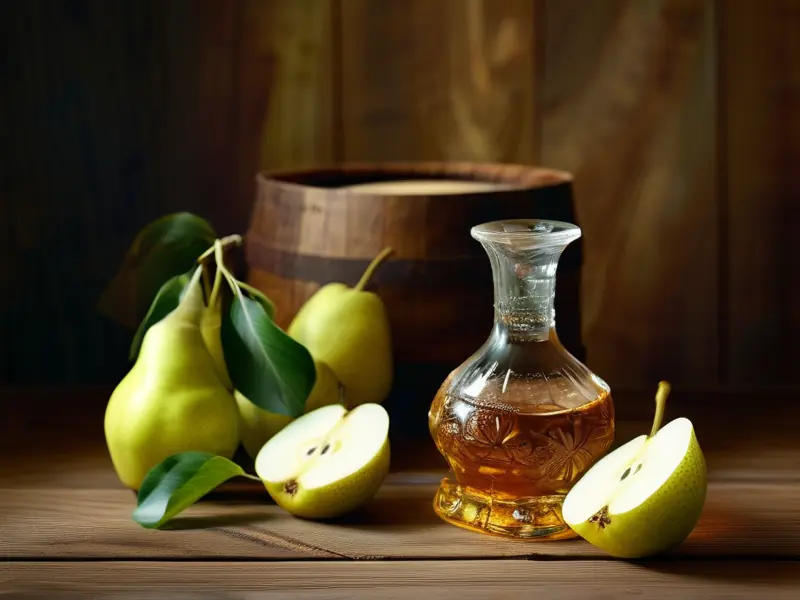 梨子切片与白酒发酵桶展示