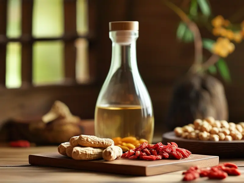 灵芝酒原料展示：灵芝、枸杞、红枣与白酒