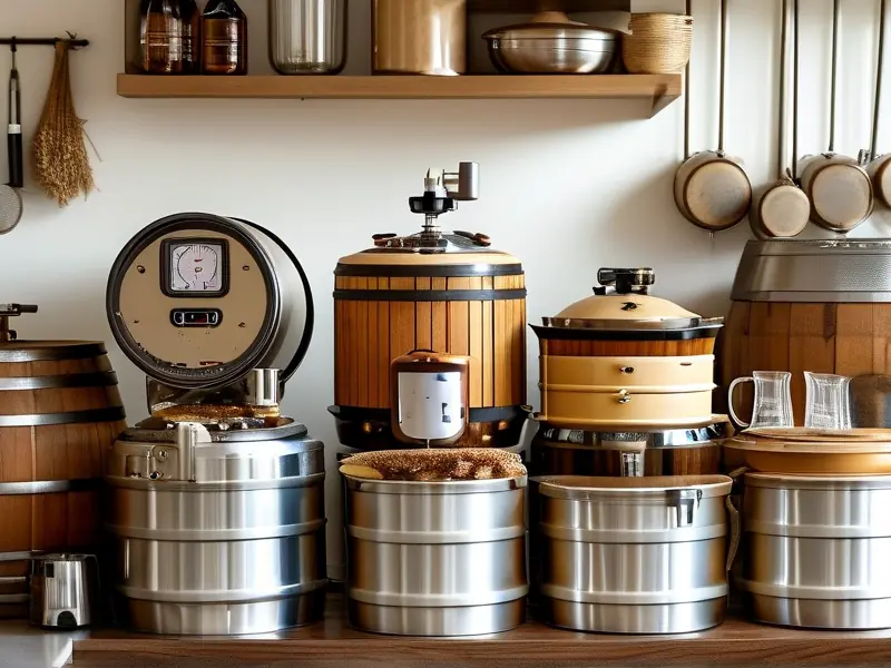 米酒酿造设备摆放整齐的照片