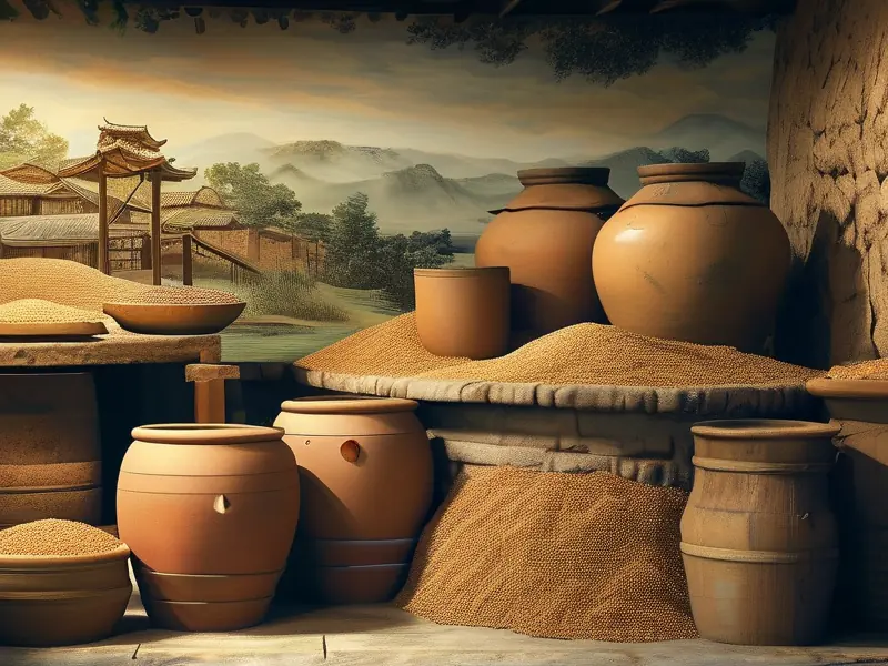 古代酿酒场景展示传统酿酒工具和谷物