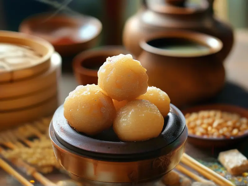 传统酿酒酒曲特写，展示发酵工具与谷物