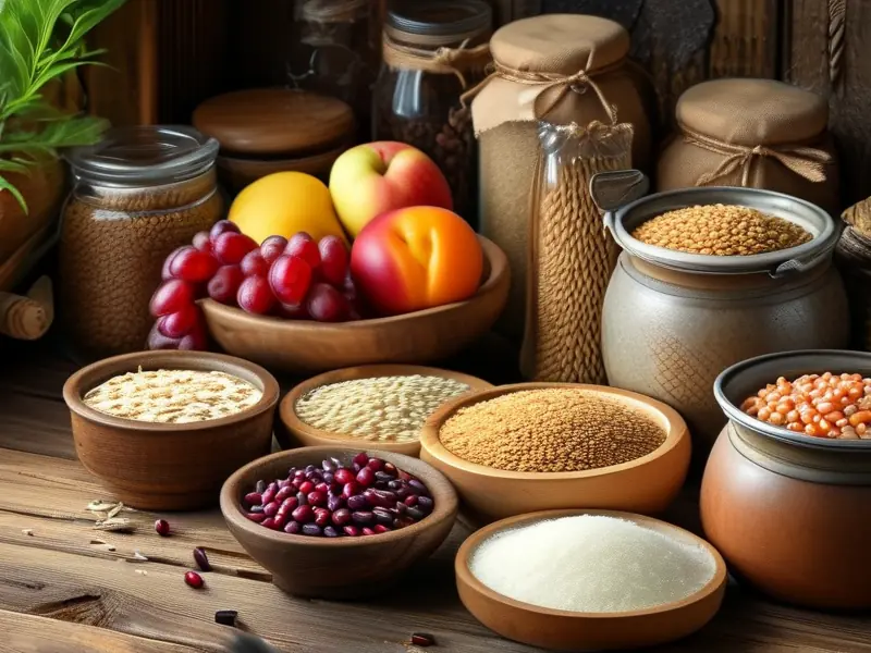 酿酒用的材料展示：谷物、水果、酵母及酿酒设备