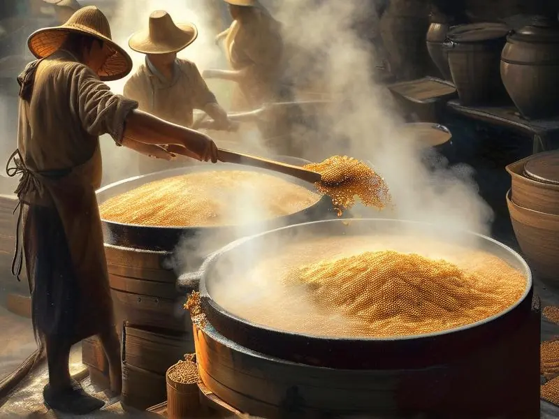 传统酿酒工艺蒸煮高粱过程实拍