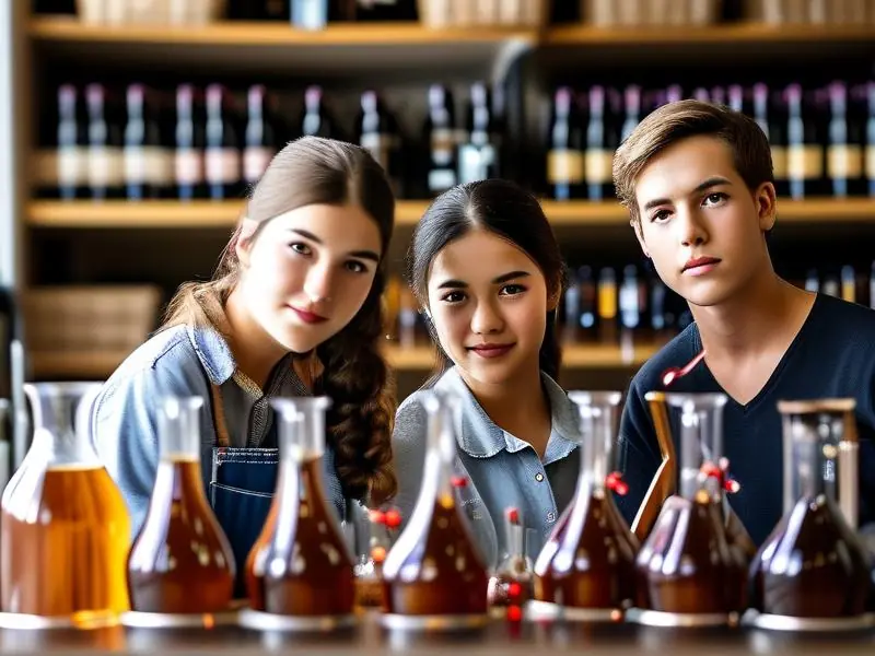 酿酒专业学校学生在实验室学习酿酒技术