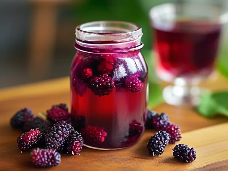 桑葚与白酒在玻璃罐中浸泡的特写