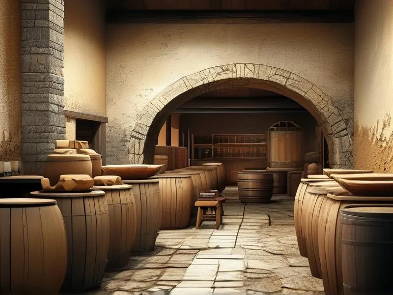 古代酿酒师使用传统工具进行12987工艺酿酒的场景