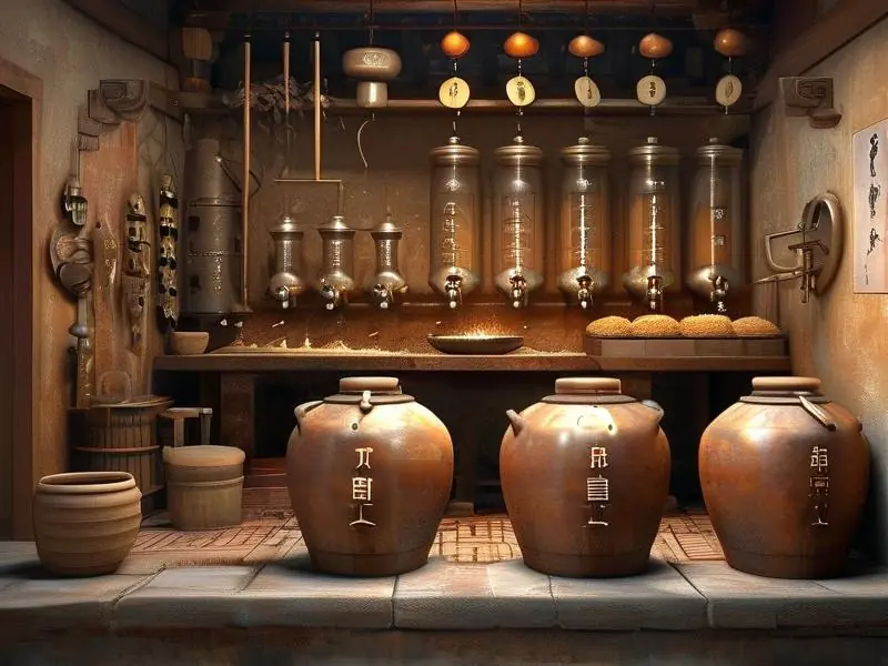 传统白酒酿制过程展示发酵缸和时间测量工具