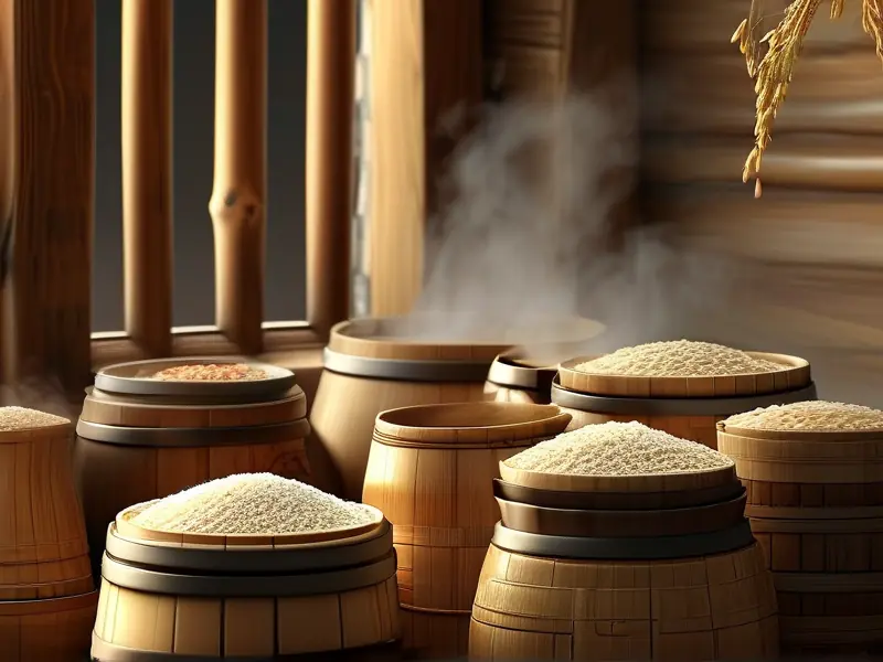传统白酒酿造过程展示高粱和大米在木桶中发酵