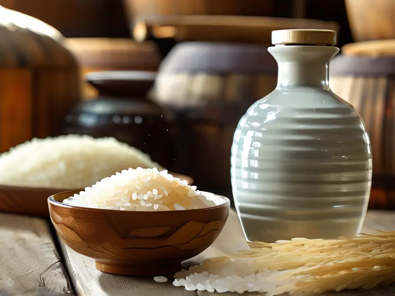 传统大米酿酒原料与成品展示