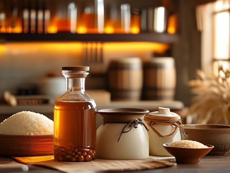 大米液态酿酒工具与发酵过程实拍图