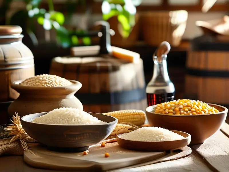 大米玉米酿酒原料及工具摆放示意图