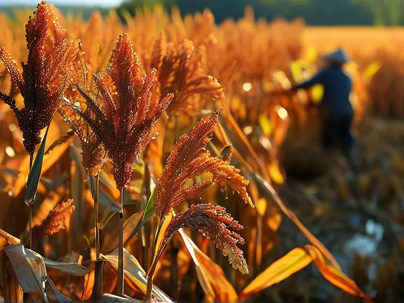 东北优质酿酒高粱田间收获场景