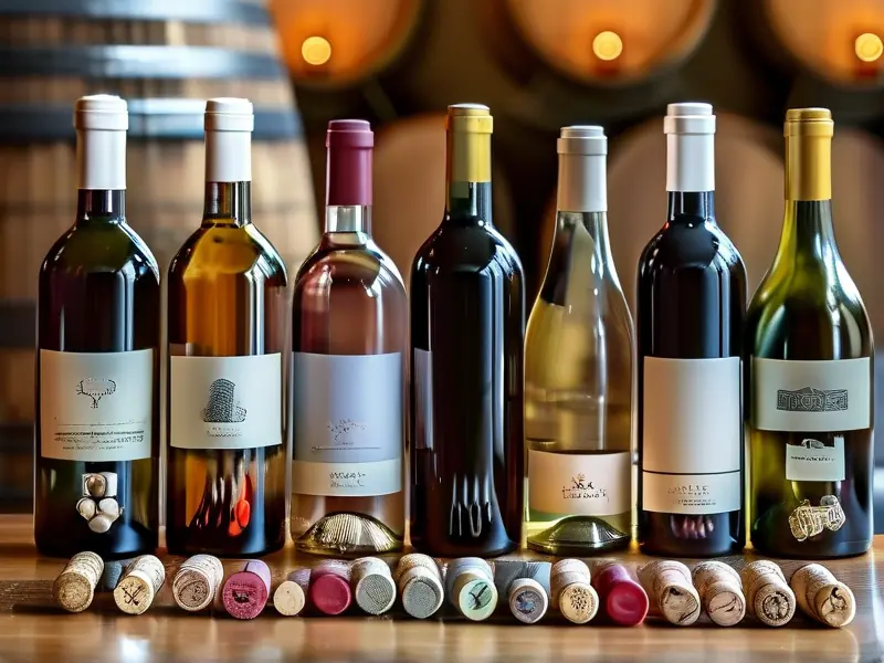 封酒材料展示：各种酒瓶密封材料，包括软木塞、蜡封和硅胶密封