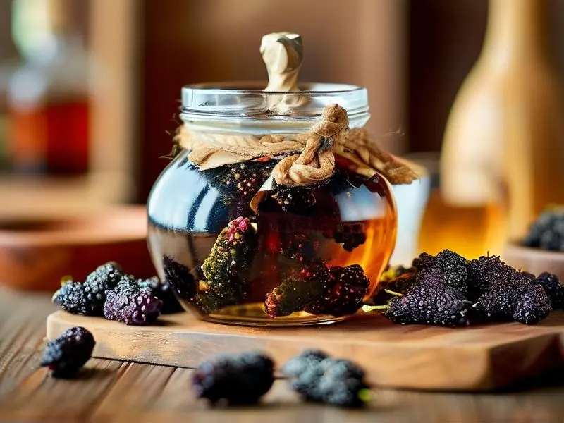 干桑葚与白酒在玻璃罐中浸泡的酿酒过程实拍