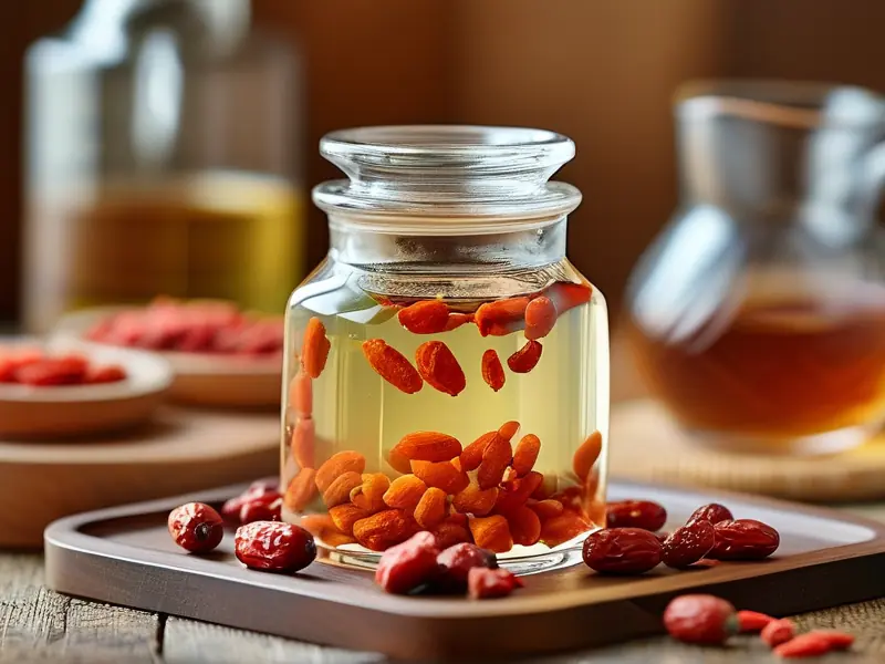 红枣枸杞桂圆酒原料浸泡过程实拍图