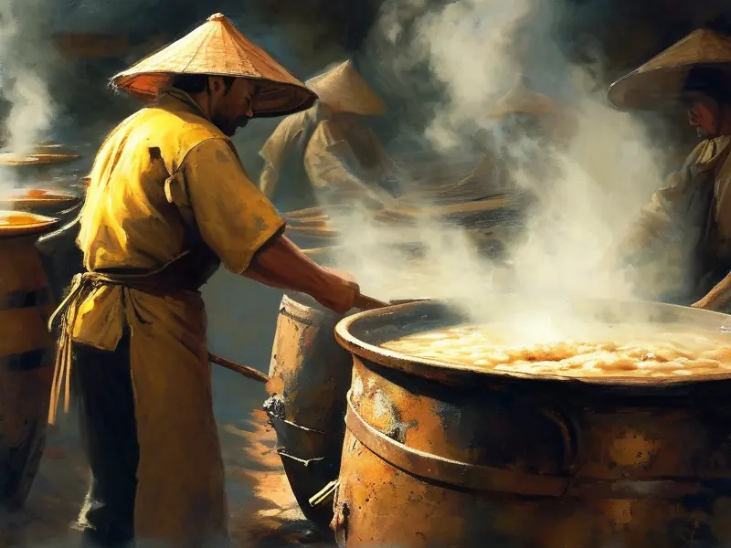 传统黄酒煮制工艺现场实拍图