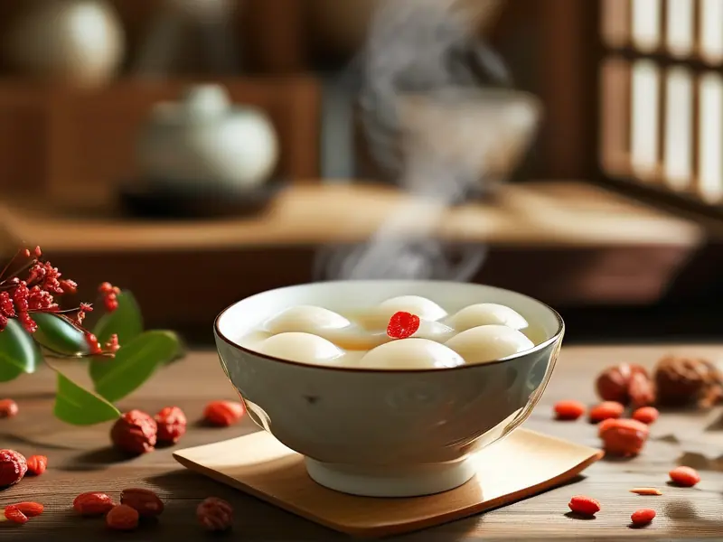 传统风味的江米甜酒煮汤圆成品图