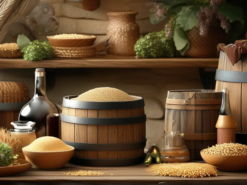 家庭酿酒器具与原料展示