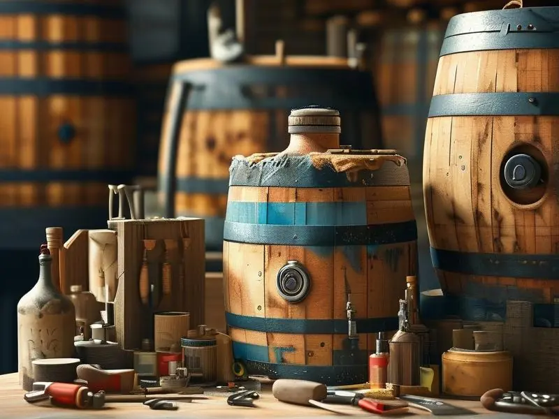 工匠修补渗漏酒缸的工作场景