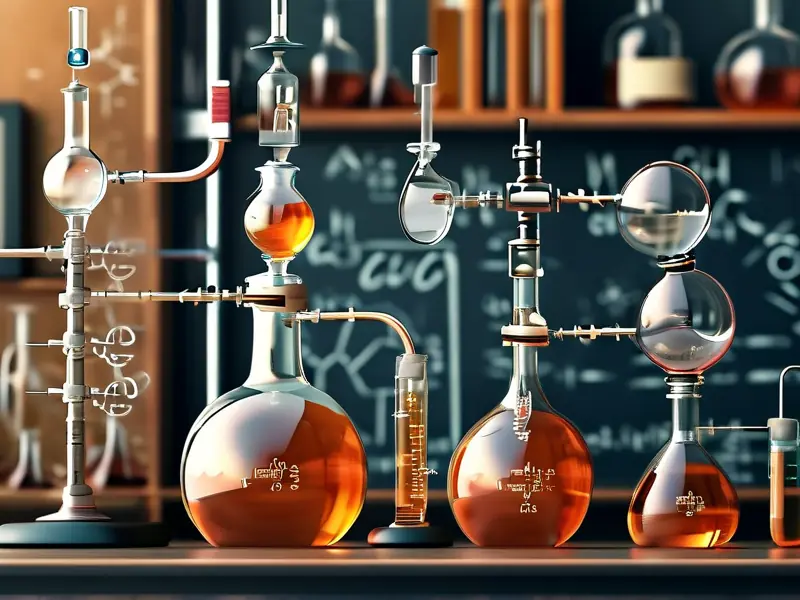 酒精蒸馏实验设备与化学反应方程式示意图