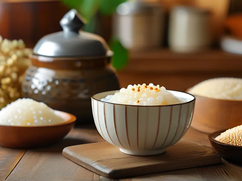 自制醪糟米酒成品展示与原料工具