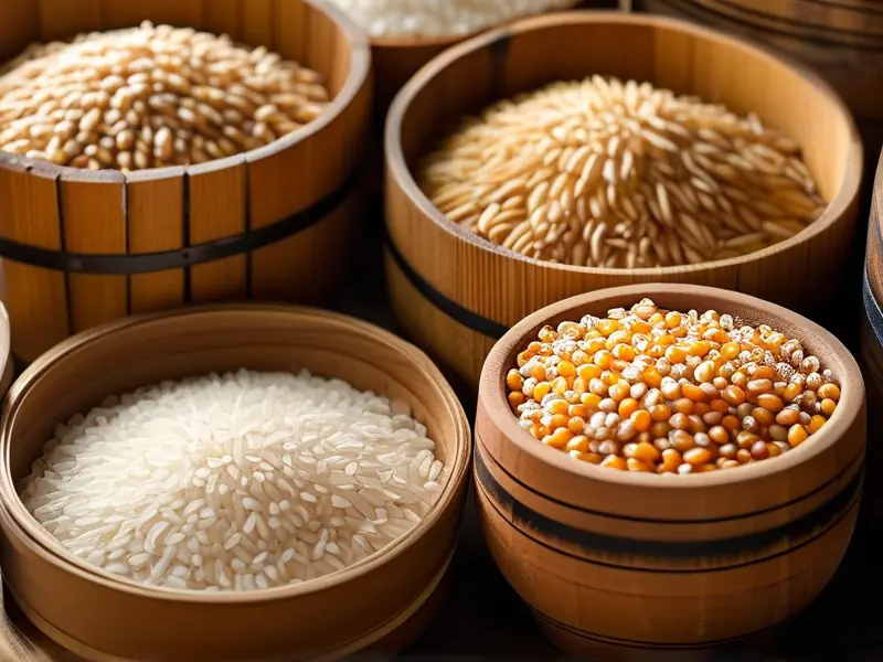 粮食白酒酿造原料展示：高粱大米玉米与酿酒工具