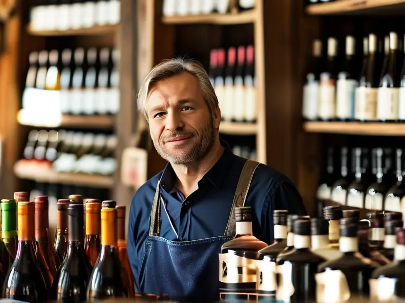 商贩向顾客介绍散装白酒的场景