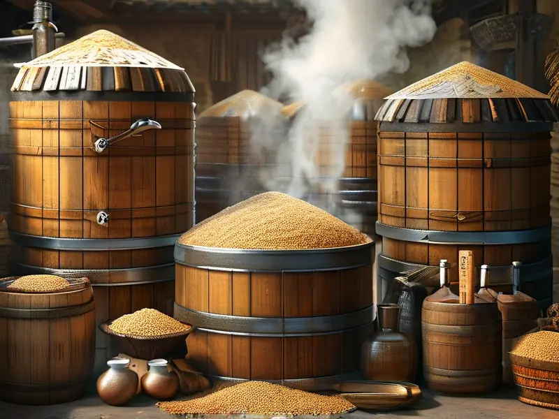 传统木桶蒸酒设备工作场景