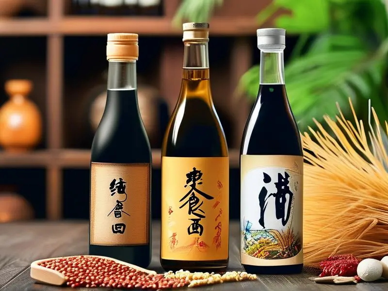 纯粮食酿造的酒瓶和粮食原料对比图