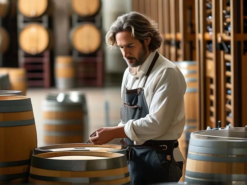 专业酿酒师在酒窖中检查发酵过程