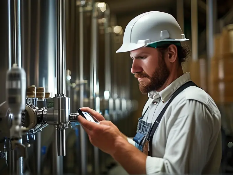 酿酒师检查发酵罐中的酿酒过程问题