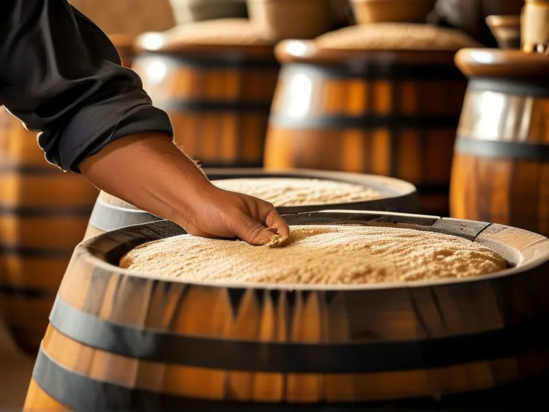 酿酒师向原料中添加酒曲的实景操作