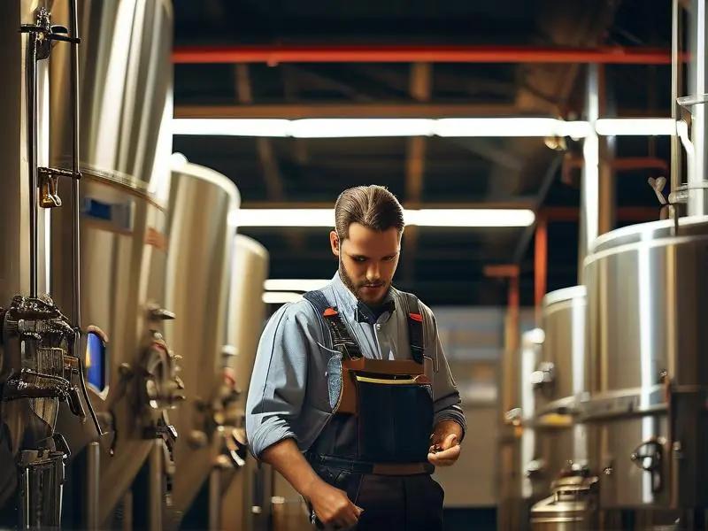 酿酒师在酒厂检查酿酒设备的工作场景