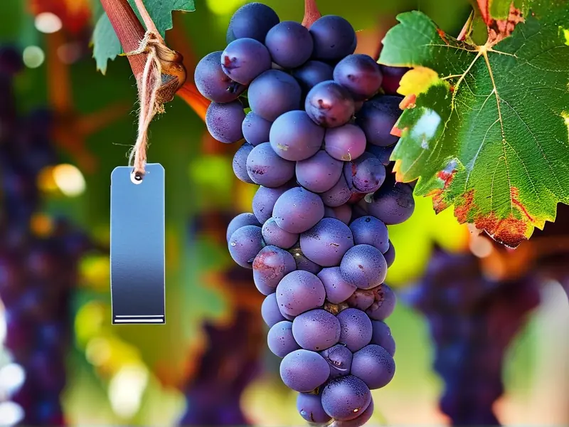 酿酒葡萄价格标签挂在葡萄藤上