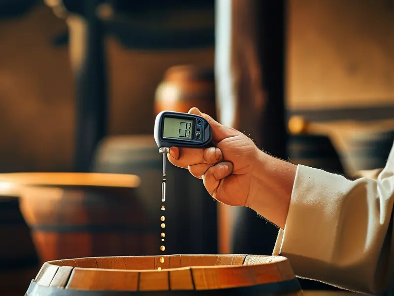 专业酿酒师测量头道酒度数工作场景