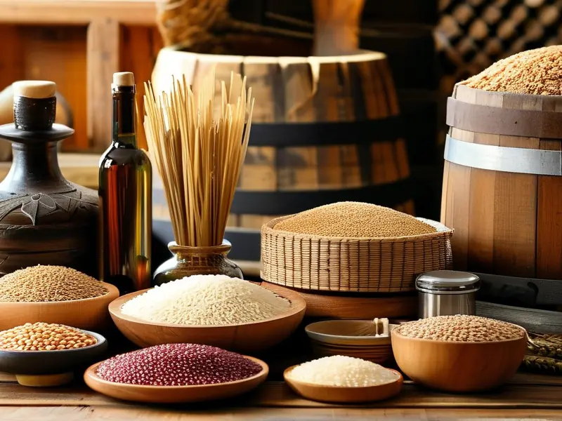 酿酒所需各类粮食及测量工具展示