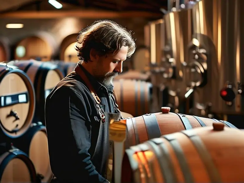 酿酒师在酿酒厂检查酒液