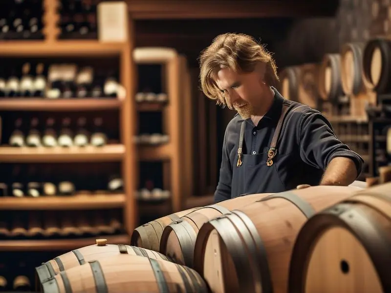 专业酿酒师在酒窖中工作