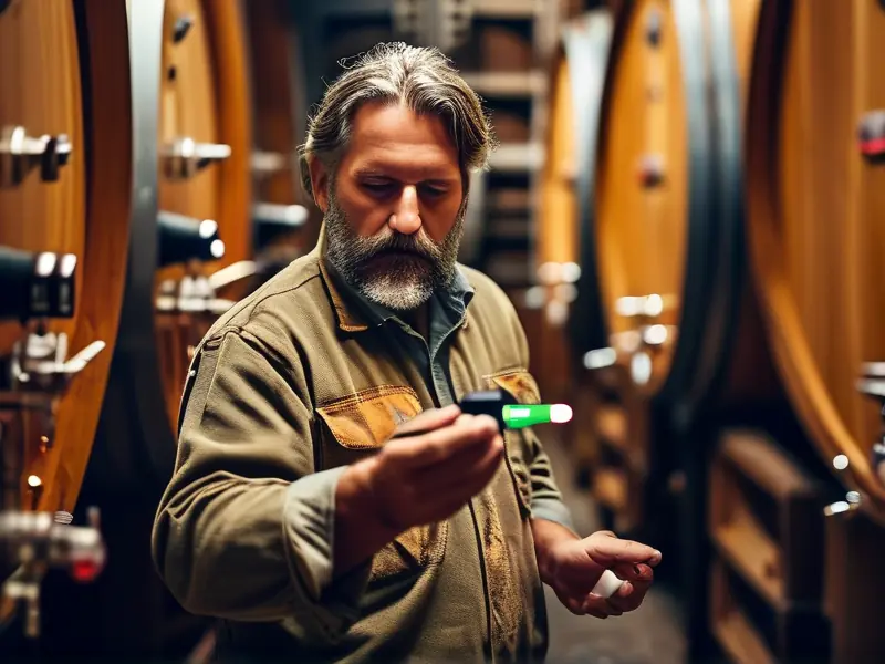 专业酿酒师使用温度计监测葡萄酒发酵罐温度