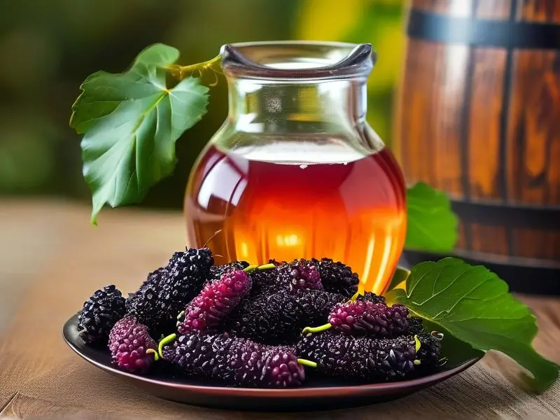 新鲜桑葚与酿酒容器展示