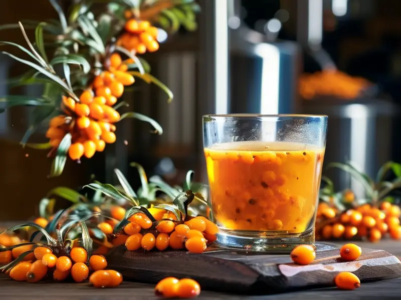 新鲜沙棘果实与酿造的沙棘酒展示