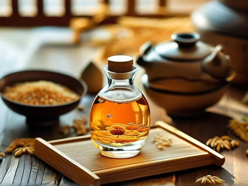 Traditional Chinese grain liquor in a glass with grains in the background