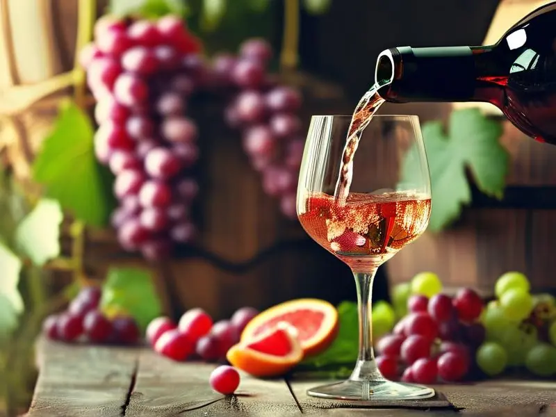 桃红葡萄酒倒入玻璃杯中的特写，背景有葡萄和酿酒工具