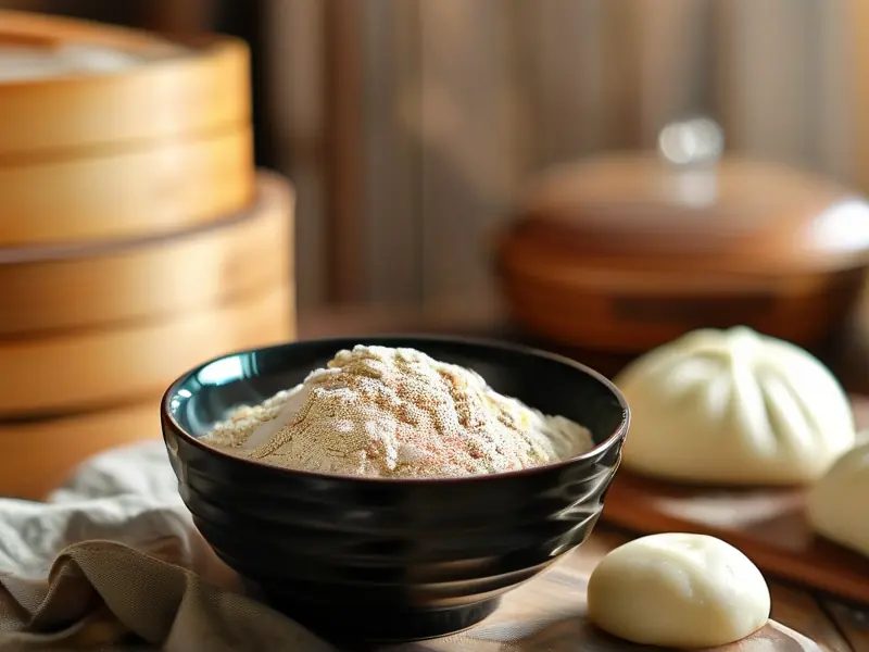 甜酒曲与面粉混合制作馒头的原料及成品展示