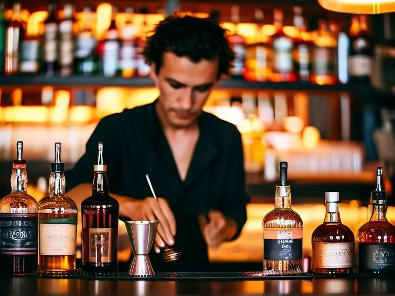 专业调酒师在吧台调制鸡尾酒教学场景