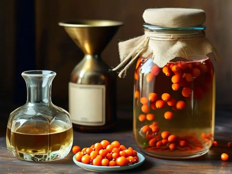 五味子与白酒在玻璃罐中浸泡的酿酒过程实拍