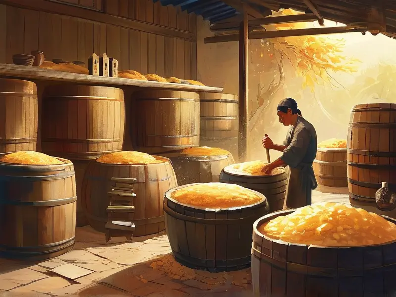 传统工艺酿造香雪黄酒现场工作图