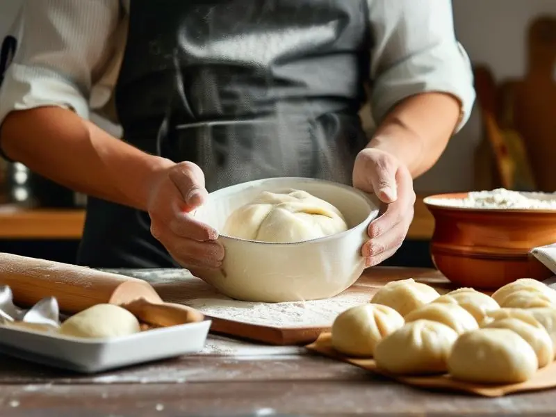 用米酒发面制作包子的过程展示