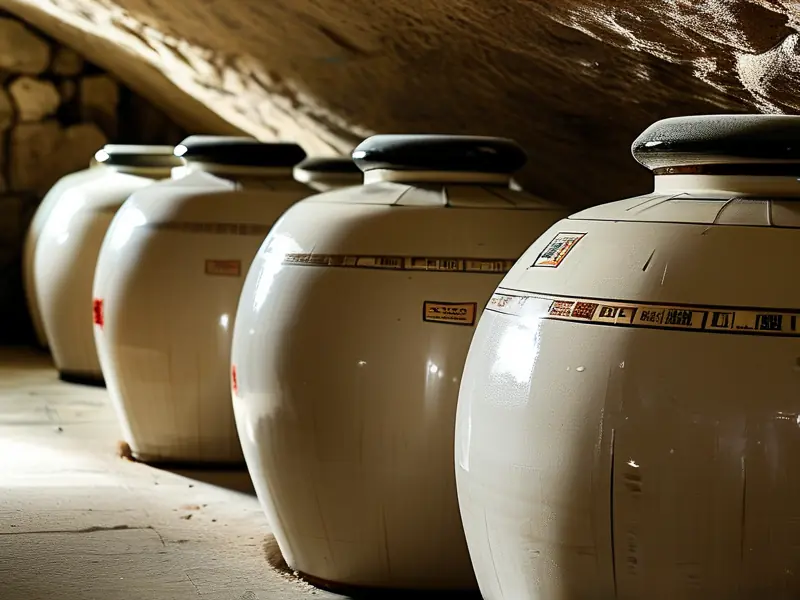 原浆白酒在陶瓷酒坛中储藏的专业场景