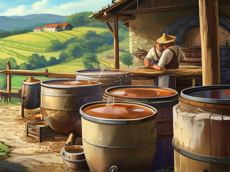 农村传统酿酒作坊工作场景
